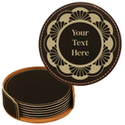 Black/Gold round leatherette coasters set and holder with personalized 'Mandala with Text' design