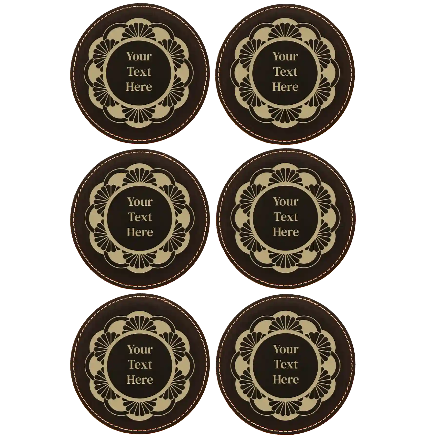 Black/Gold round leatherette coasters set of 6 with personalized 'Mandala with Text' designs