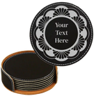 Black/Silver round leatherette coasters set and holder with personalized 'Mandala with Text' design