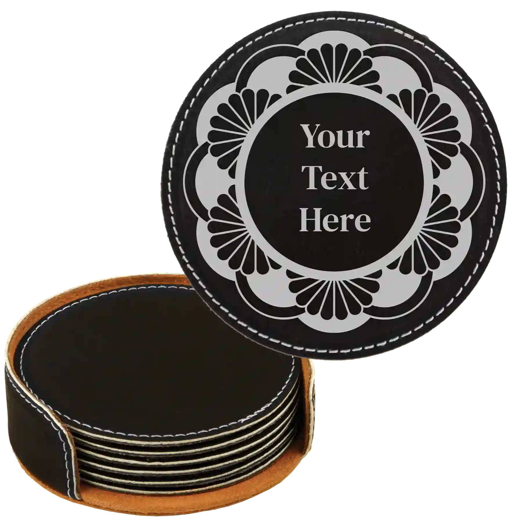 Black/Silver round leatherette coasters set and holder with personalized 'Mandala with Text' design