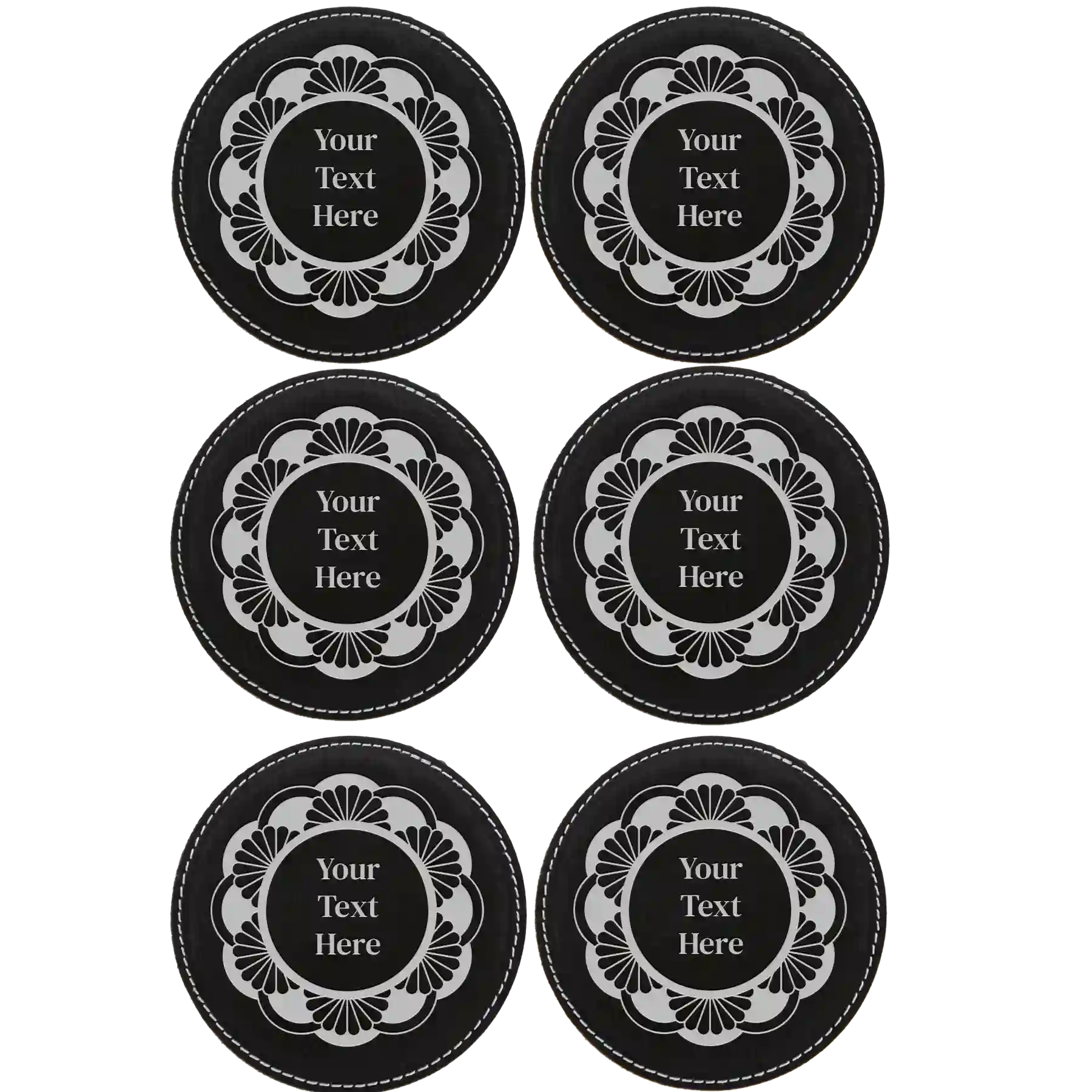Black/Silver round leatherette coasters set of 6 with personalized 'Mandala with Text' designs