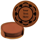 Rawhide round leatherette coasters set and holder with personalized 'Mandala with Text' design