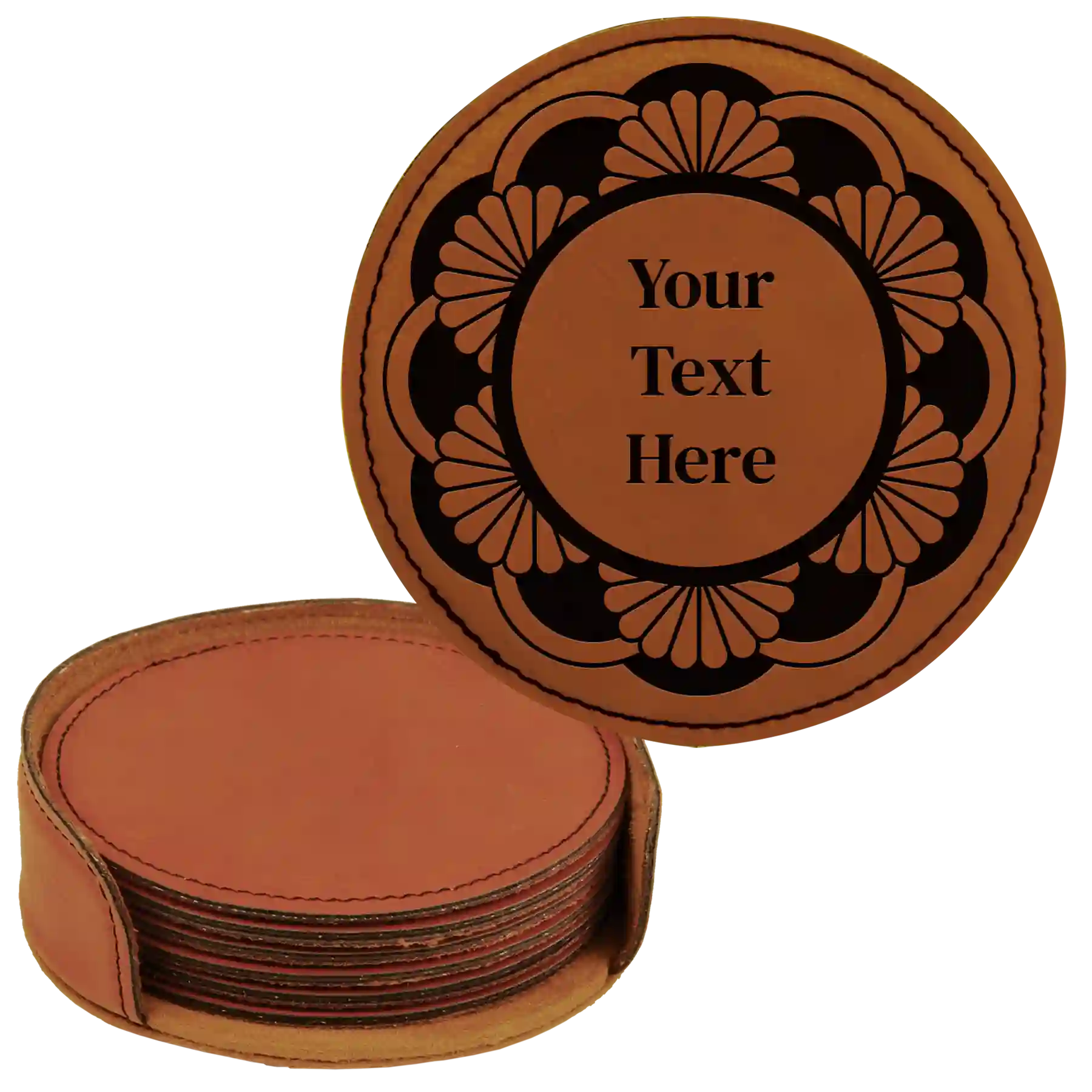 Rawhide round leatherette coasters set and holder with personalized 'Mandala with Text' design