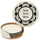 White round leatherette coasters set and holder with personalized 'Mandala with Text' design