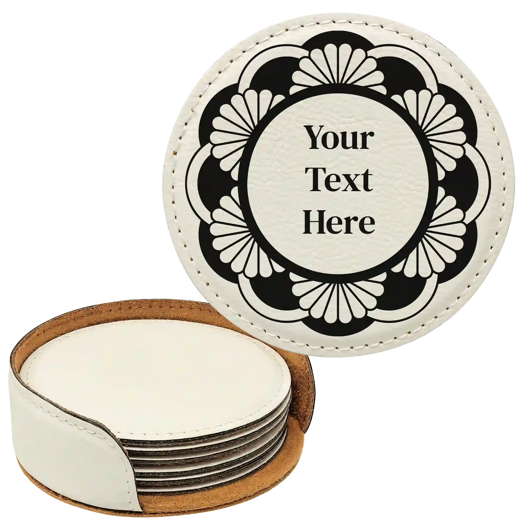 White round leatherette coasters set and holder with personalized 'Mandala with Text' design