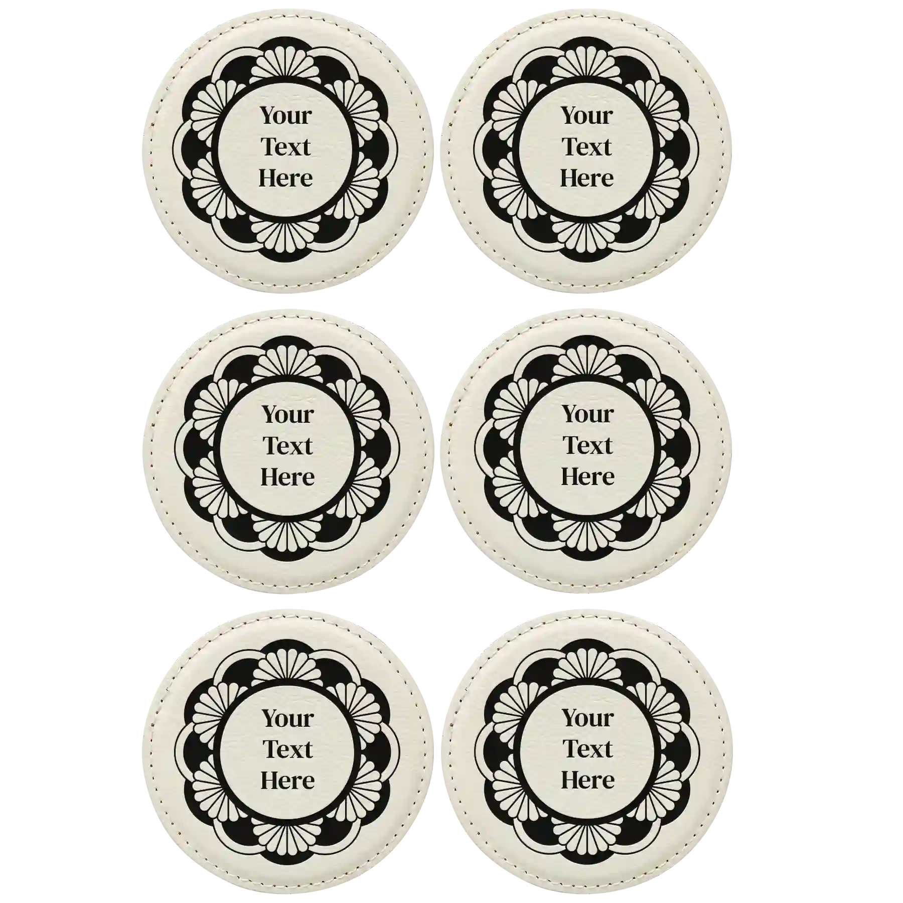 White round leatherette coasters set of 6 with personalized 'Mandala with Text' designs