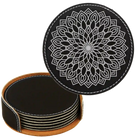 Black/Silver round leatherette coasters set and holder laser etched with 'Mandala' design