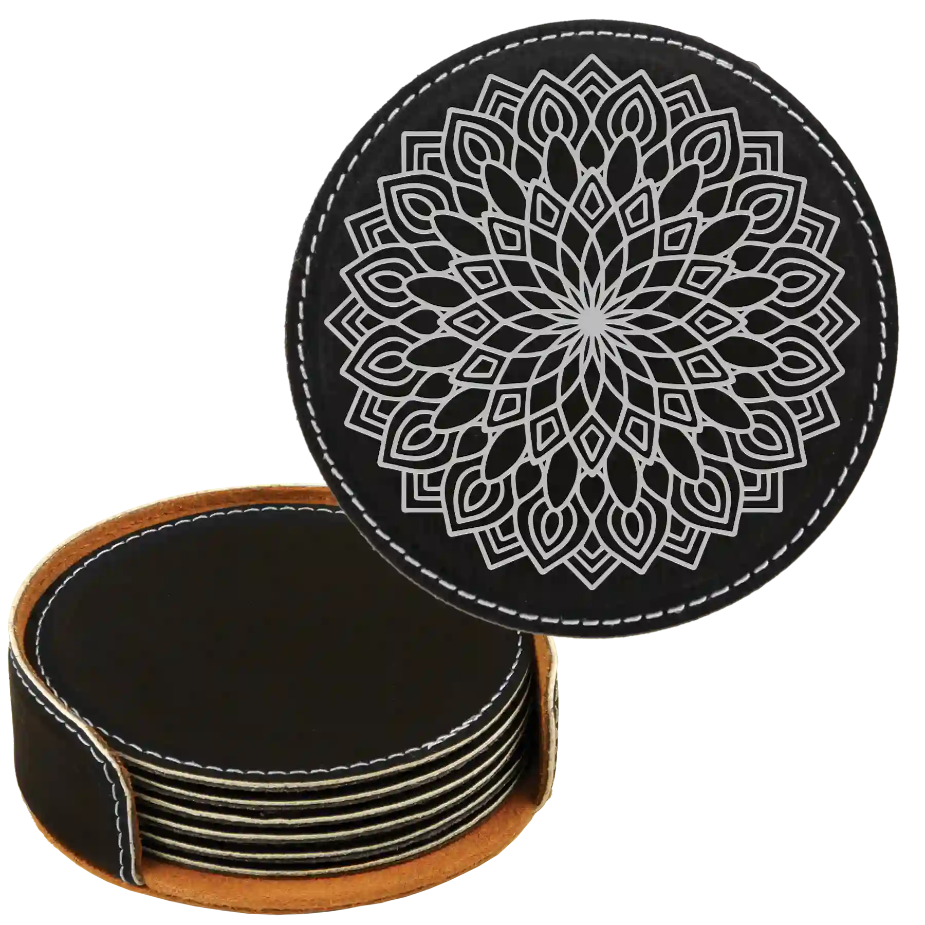 Black/Silver round leatherette coasters set and holder laser etched with 'Mandala' design