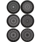 Black/Silver round leatherette coasters set of 6 laser etched with 'Mandala' designs