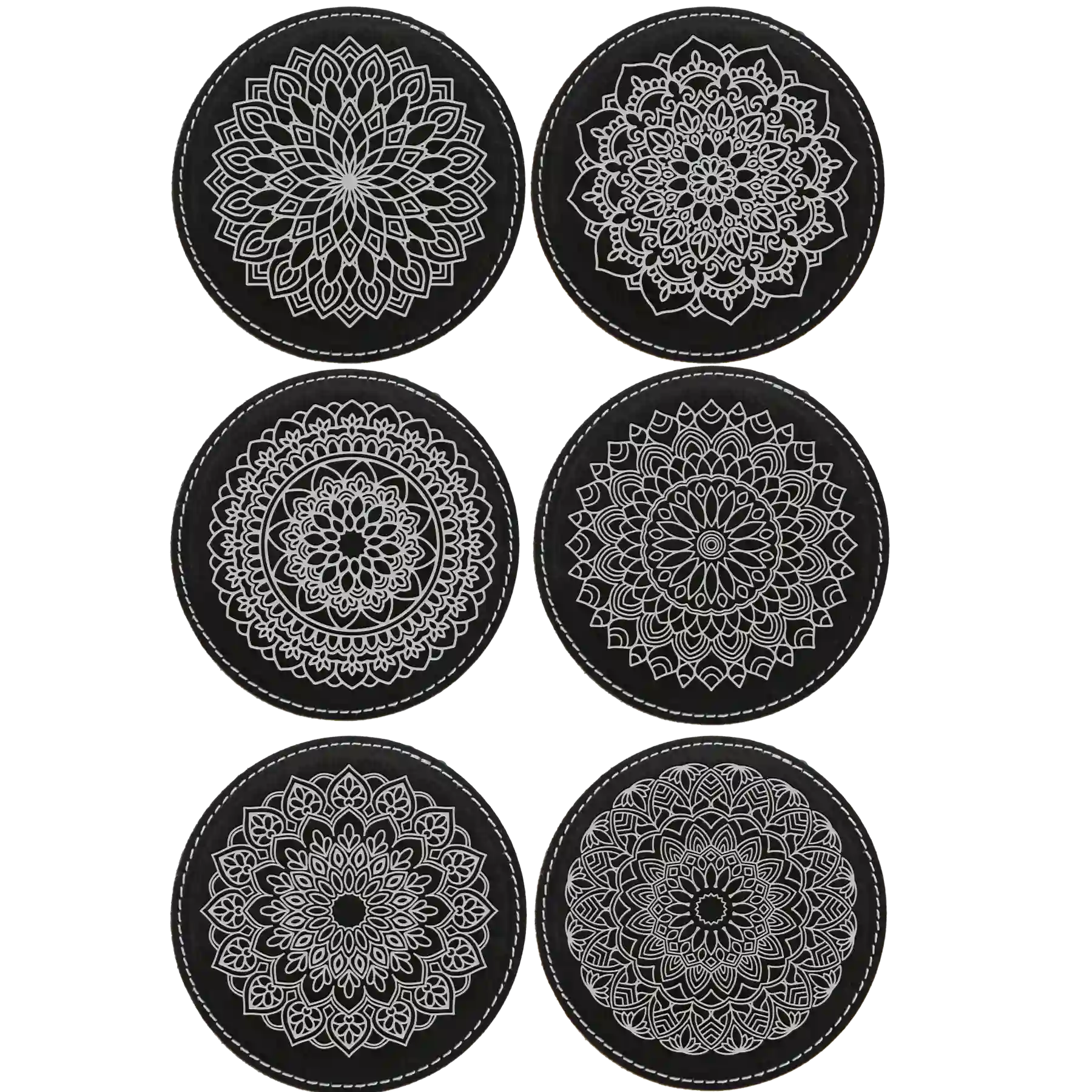 Black/Silver round leatherette coasters set of 6 laser etched with 'Mandala' designs