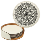 White round leatherette coasters set and holder laser etched with 'Mandala' design