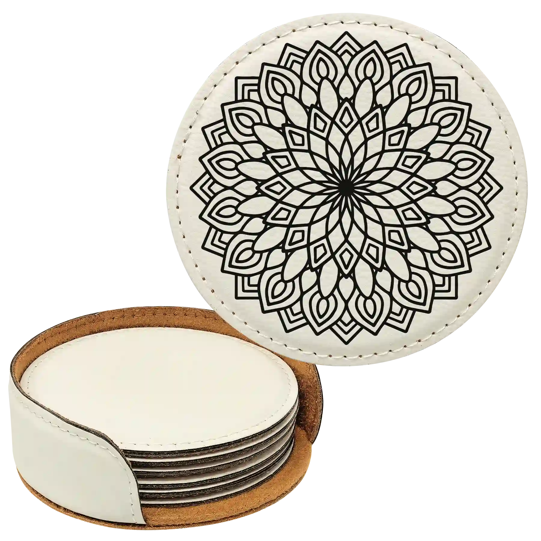 White round leatherette coasters set and holder laser etched with 'Mandala' design