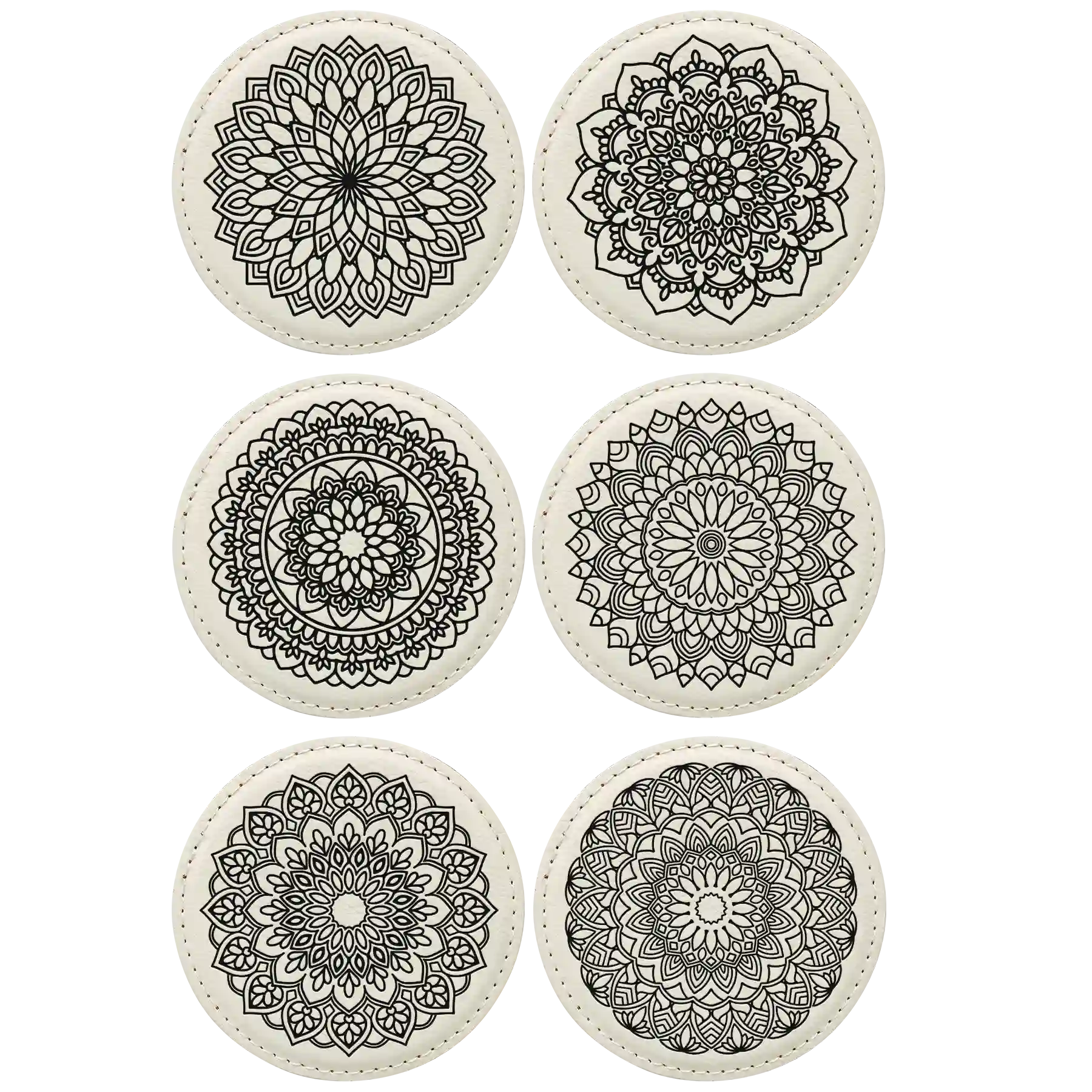 White round leatherette coasters set of 6 laser etched with 'Mandala' designs