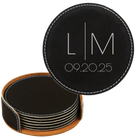 Black/Silver round leatherette coasters set and holder with personalized 'Minimal Wedding' design