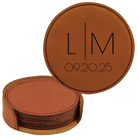 Rawhide round leatherette coasters set and holder with personalized 'Minimal Wedding' design
