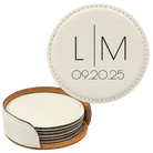 White round leatherette coasters set and holder with personalized 'Minimal Wedding' design