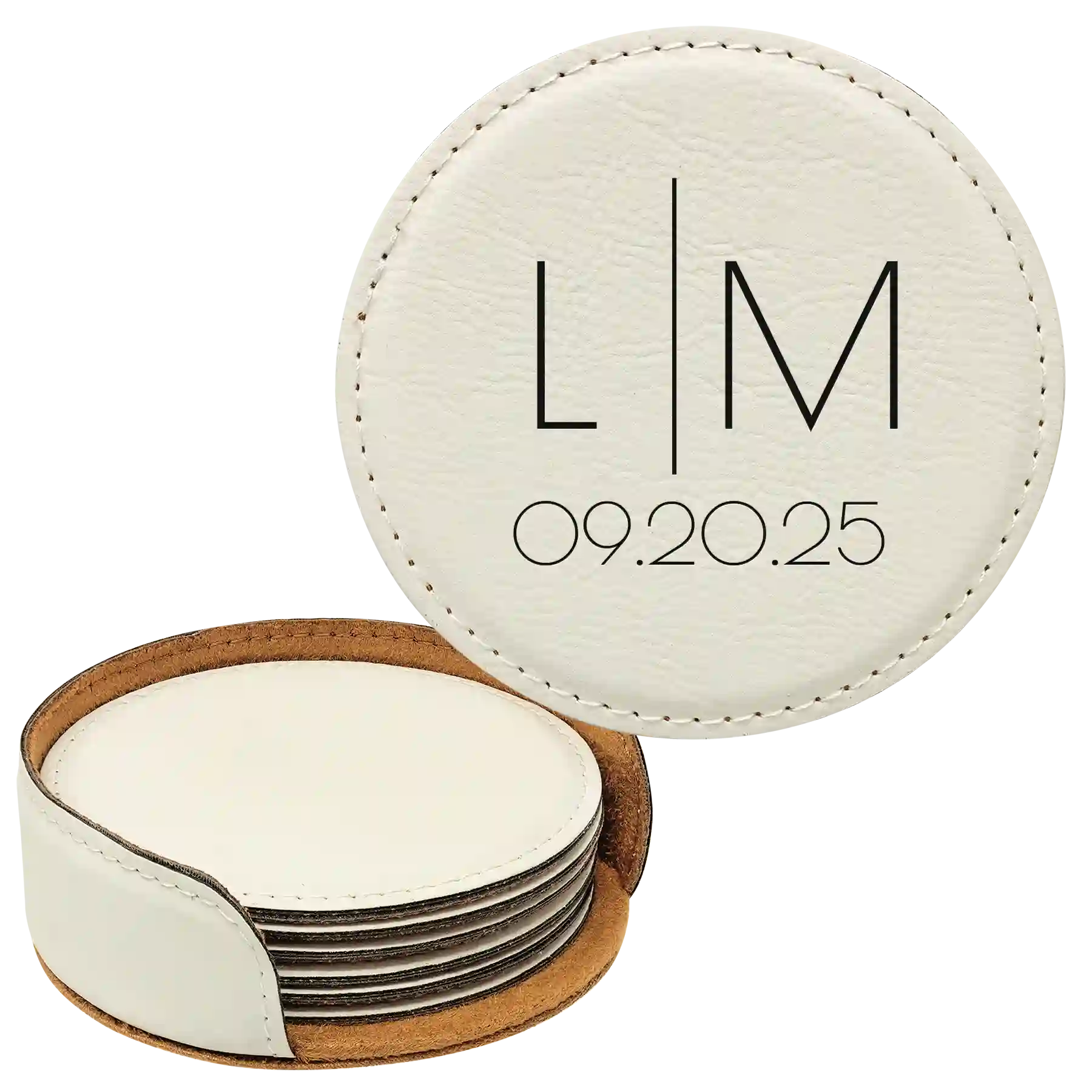 White round leatherette coasters set and holder with personalized 'Minimal Wedding' design