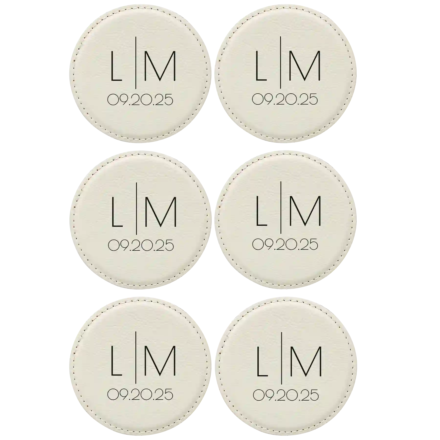 White round leatherette coasters set of 6 with personalized 'Minimal Wedding' designs