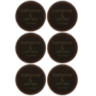 Black/Gold round leatherette coasters set of 6 with personalized 'Minimal Wedding' designs