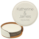 White round leatherette coasters set and holder with personalized 'Minimal Wedding' design