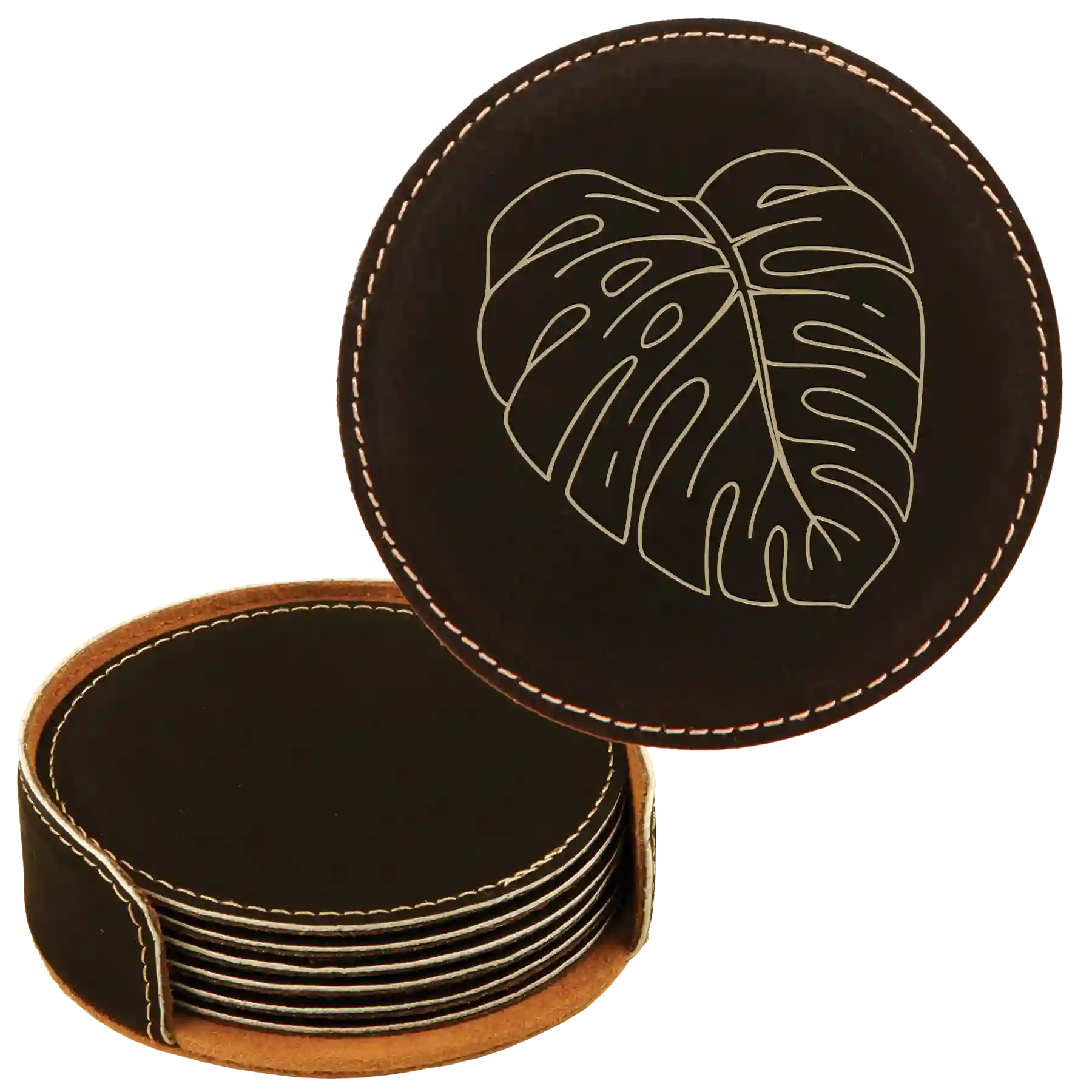 Black/Gold round leatherette coasters set and holder laser etched with 'Monstera Leaf' design