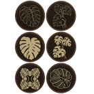 Black/Gold round leatherette coasters set of 6 laser etched with 'Monstera Leaf' designs