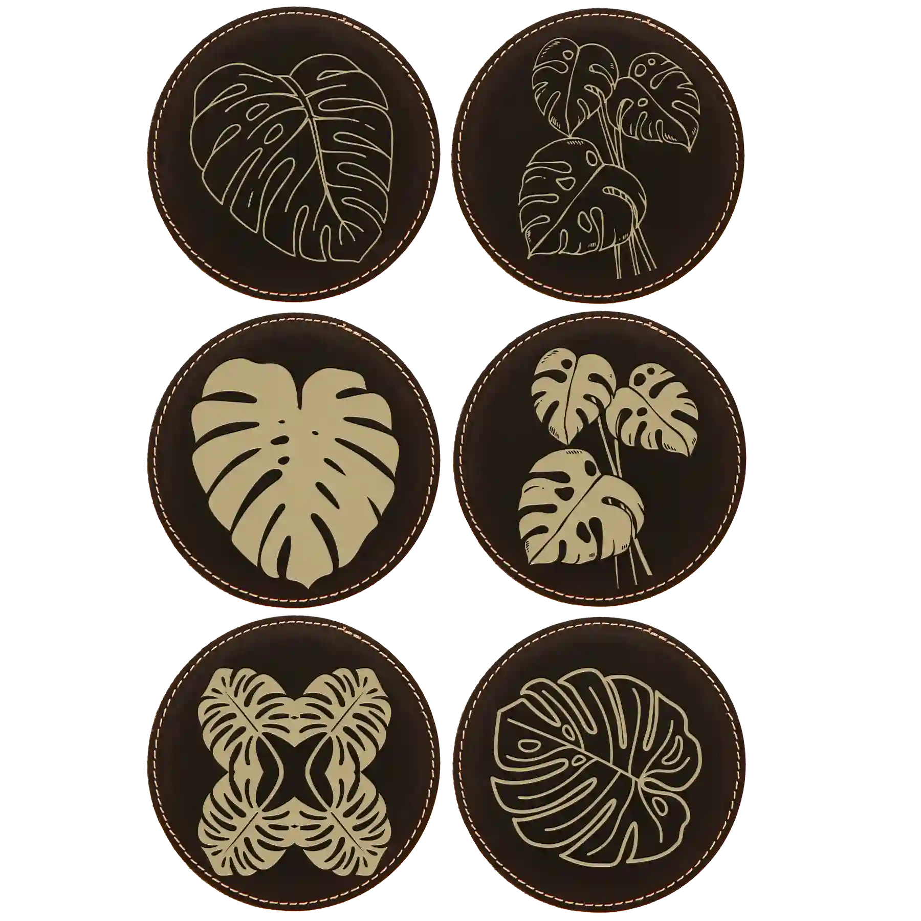 Black/Gold round leatherette coasters set of 6 laser etched with 'Monstera Leaf' designs