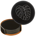 Black/Silver round leatherette coasters set and holder laser etched with 'Monstera Leaf' design