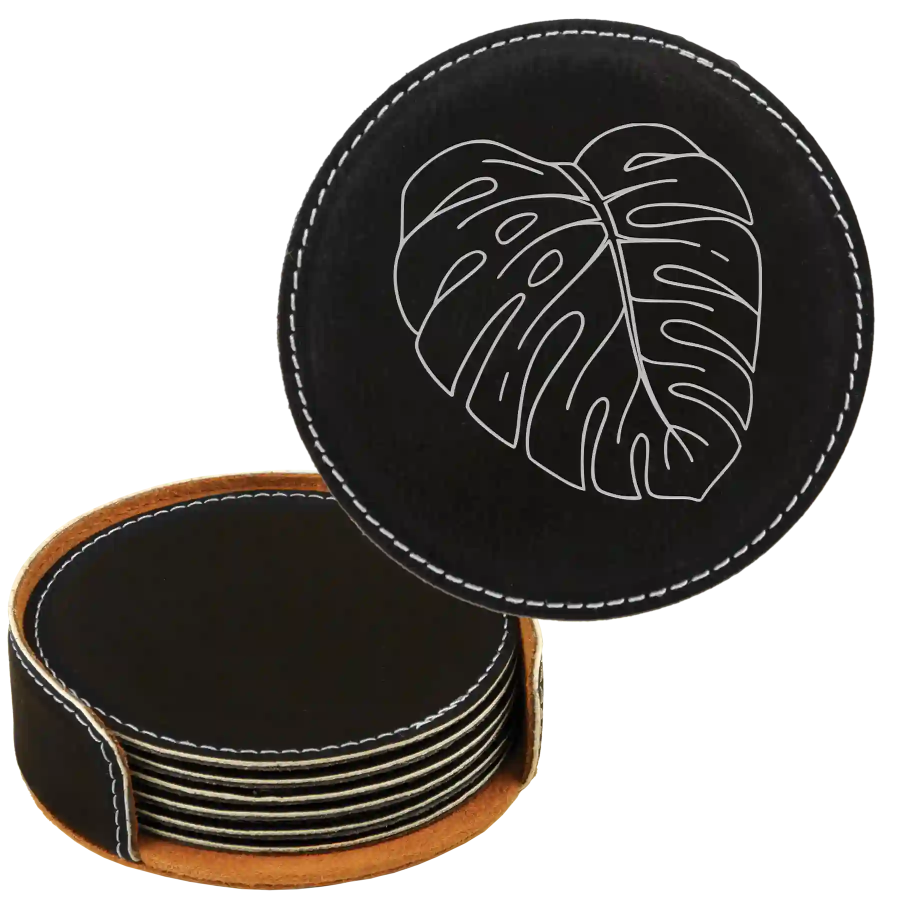 Black/Silver round leatherette coasters set and holder laser etched with 'Monstera Leaf' design