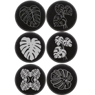 Black/Silver round leatherette coasters set of 6 laser etched with 'Monstera Leaf' designs