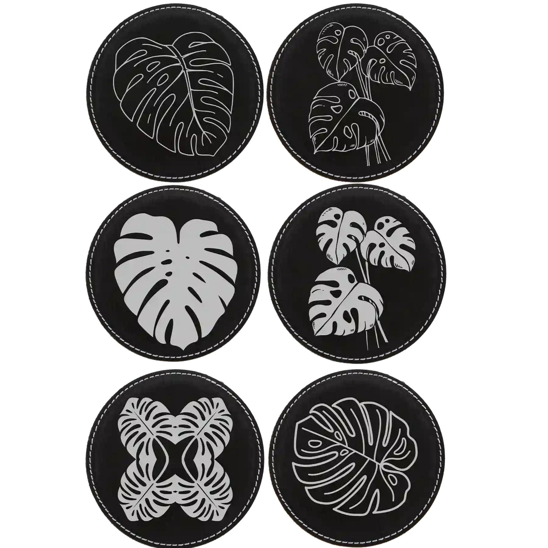 Black/Silver round leatherette coasters set of 6 laser etched with 'Monstera Leaf' designs