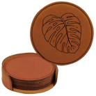 Rawhide round leatherette coasters set and holder laser etched with 'Monstera Leaf' design