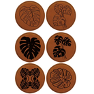 Rawhide round leatherette coasters set of 6 laser etched with 'Monstera Leaf' designs