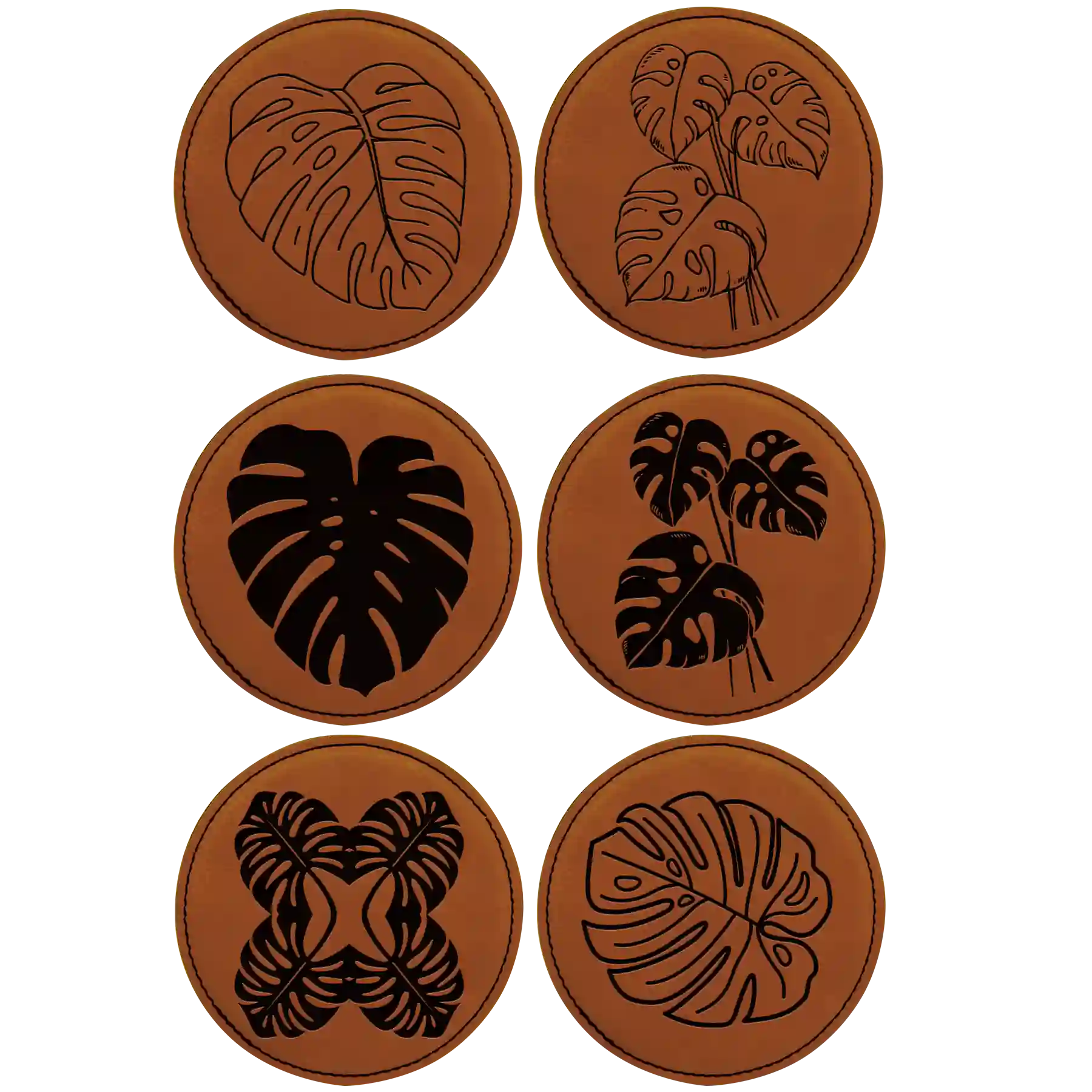 Rawhide round leatherette coasters set of 6 laser etched with 'Monstera Leaf' designs