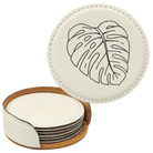 White round leatherette coasters set and holder laser etched with 'Monstera Leaf' design