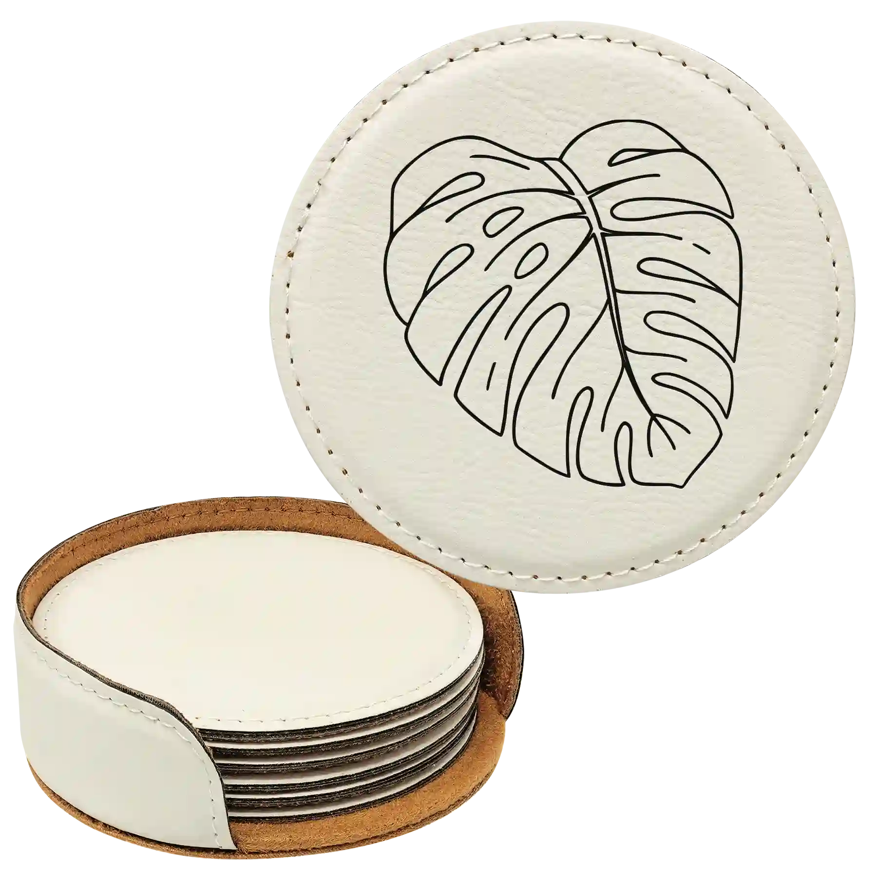 White round leatherette coasters set and holder laser etched with 'Monstera Leaf' design