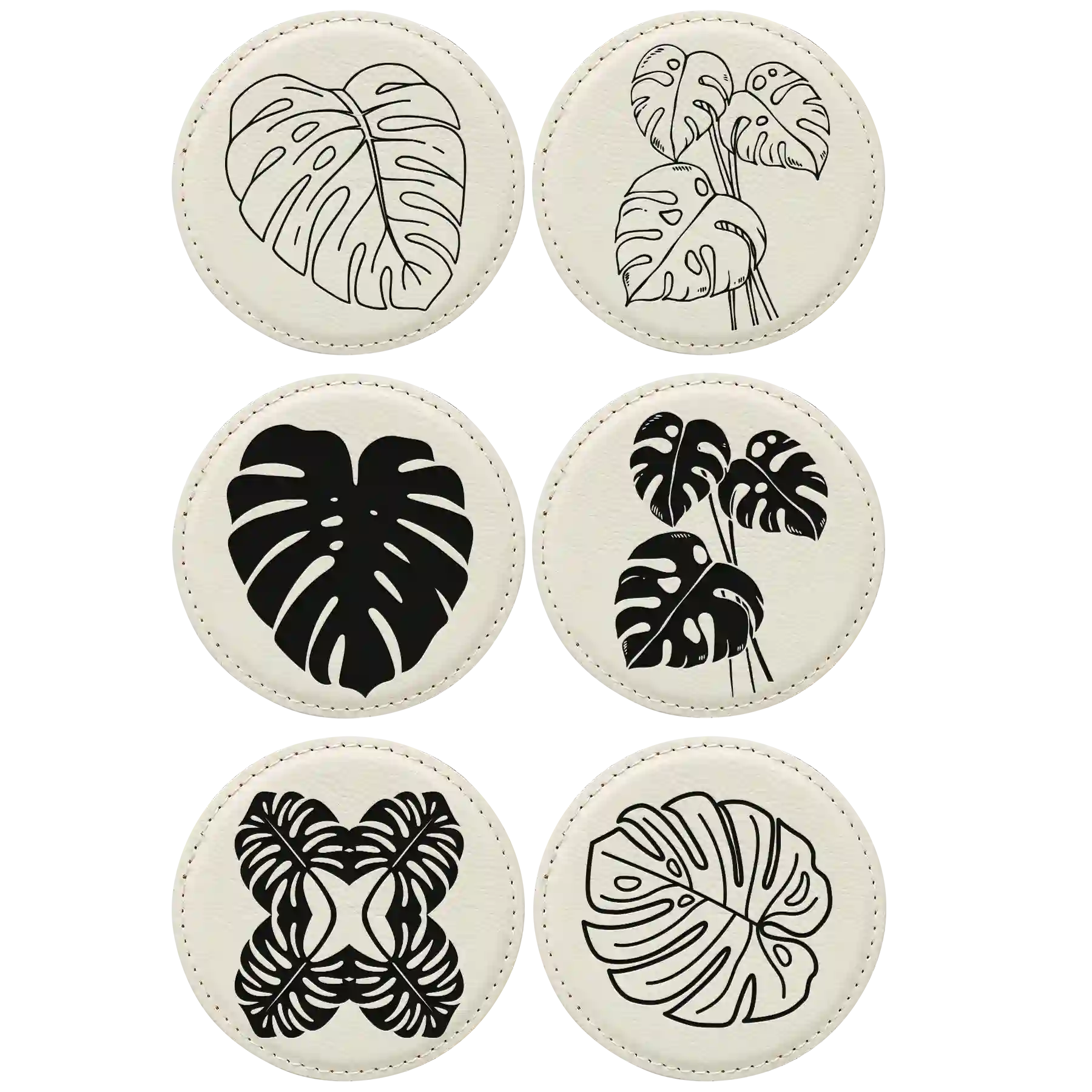 White round leatherette coasters set of 6 laser etched with 'Monstera Leaf' designs