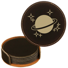 Black/Gold round leatherette coasters set and holder laser etched with 'Outer Space' design