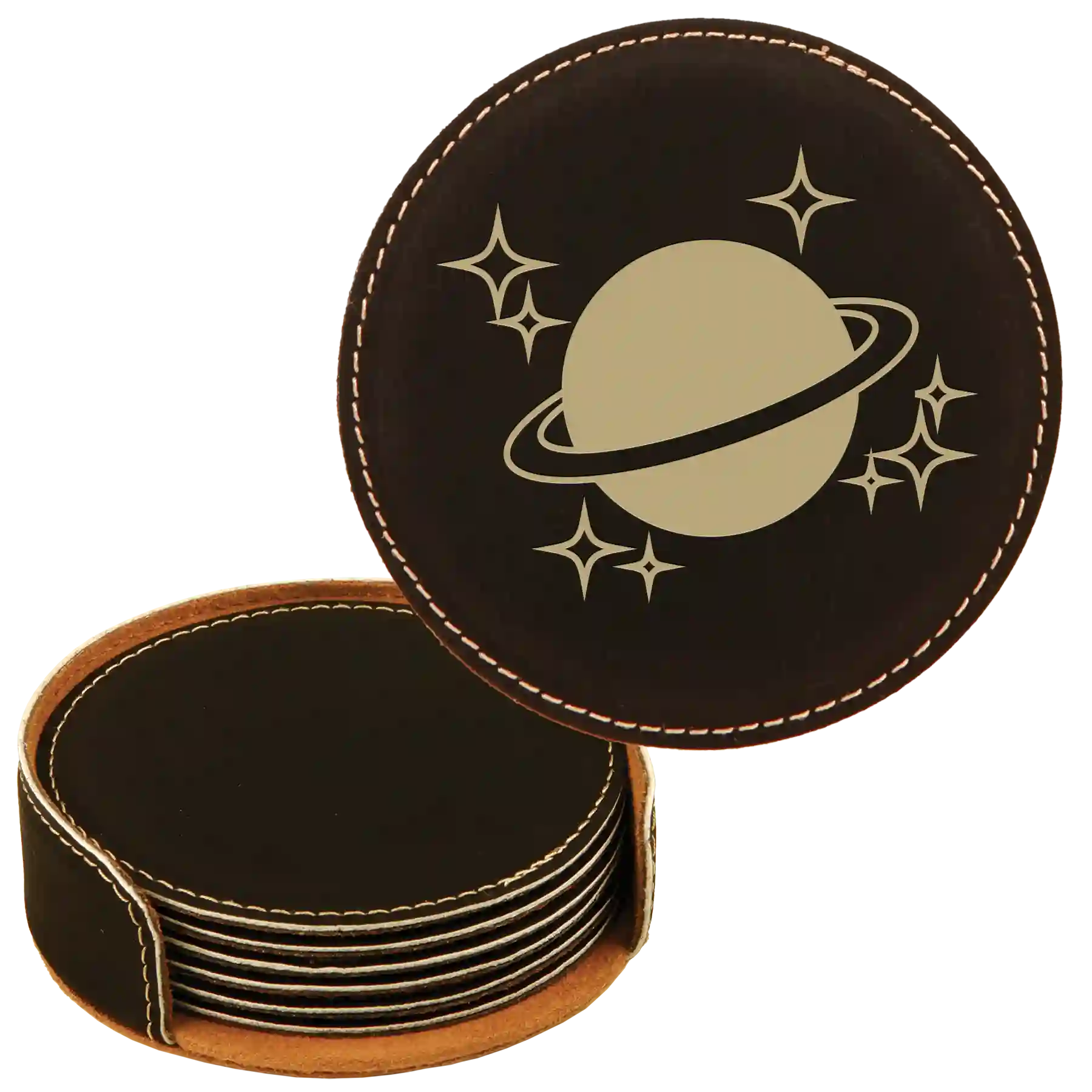 Black/Gold round leatherette coasters set and holder laser etched with 'Outer Space' design
