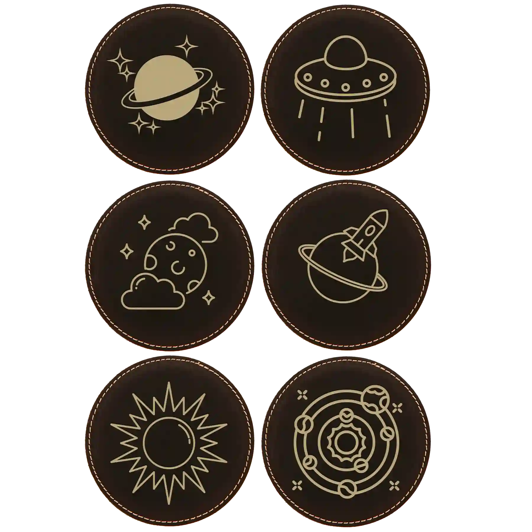 Black/Gold round leatherette coasters set of 6 laser etched with 'Outer Space' designs