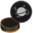 Black/Silver round leatherette coasters set and holder laser etched with 'Outer Space' design