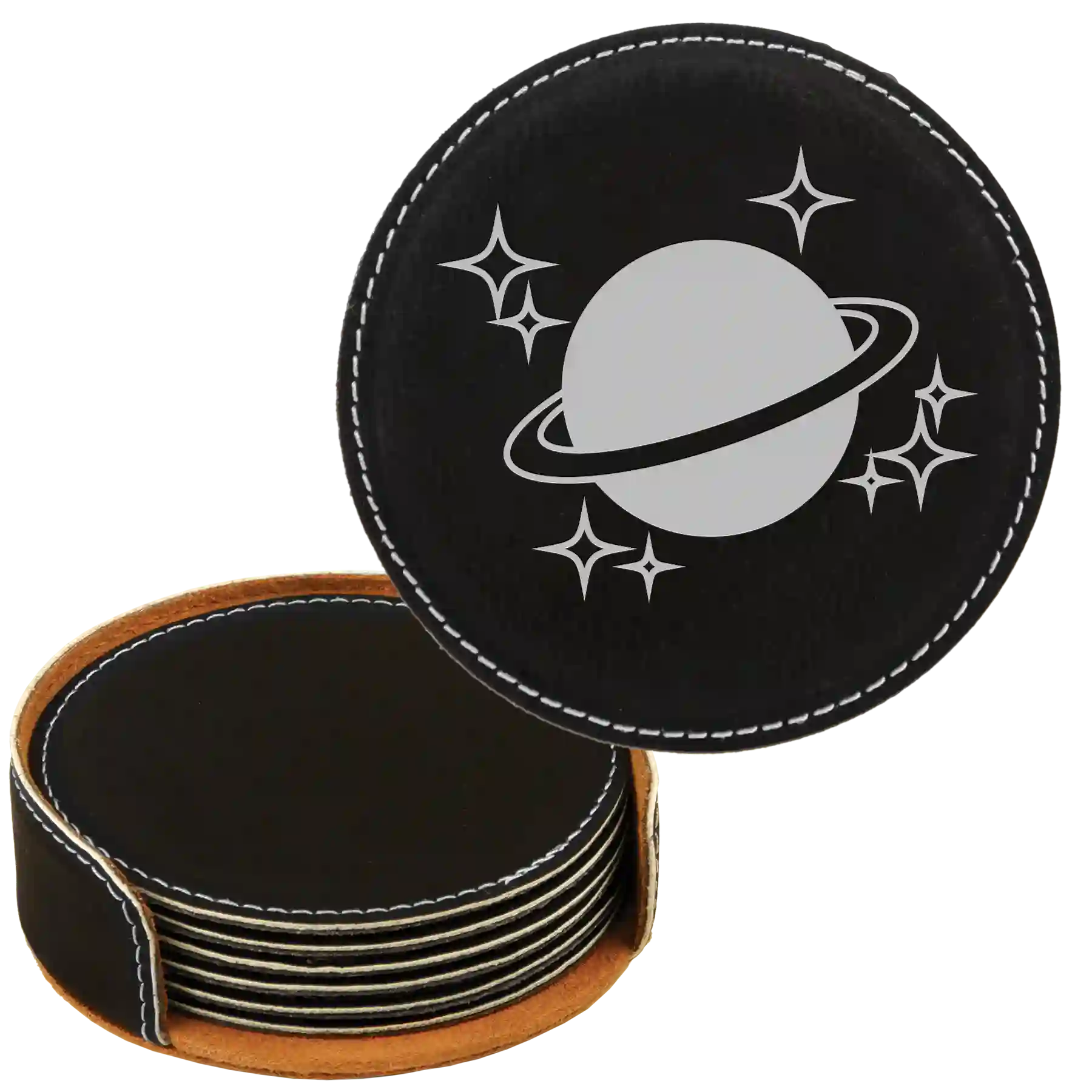 Black/Silver round leatherette coasters set and holder laser etched with 'Outer Space' design