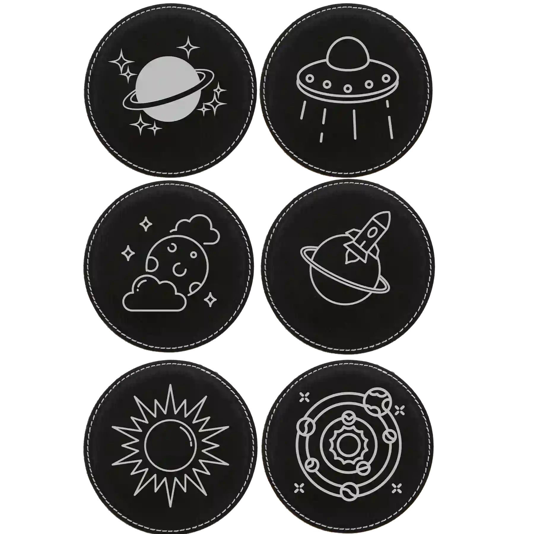 Black/Silver round leatherette coasters set of 6 laser etched with 'Outer Space' designs