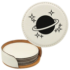 White round leatherette coasters set and holder laser etched with 'Outer Space' design