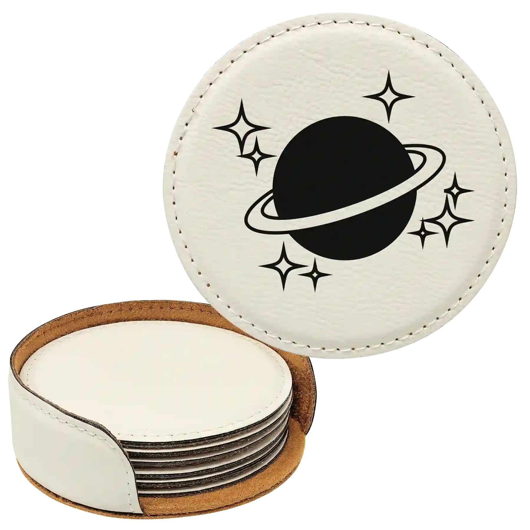 White round leatherette coasters set and holder laser etched with 'Outer Space' design