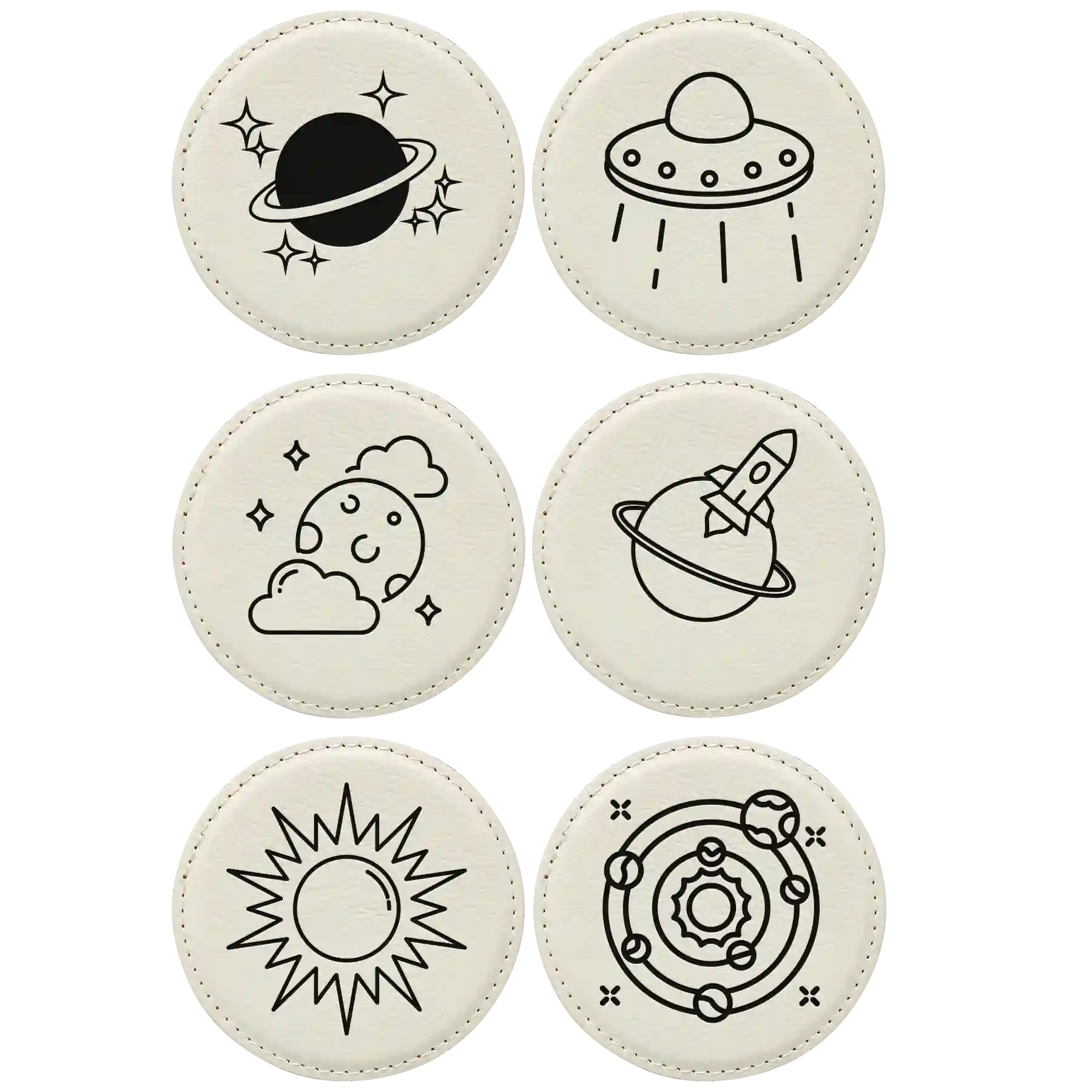 White round leatherette coasters set of 6 laser etched with 'Outer Space' designs