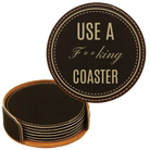 Black/Gold round leatherette coasters set and holder laser etched with 'Fing Coaster' design