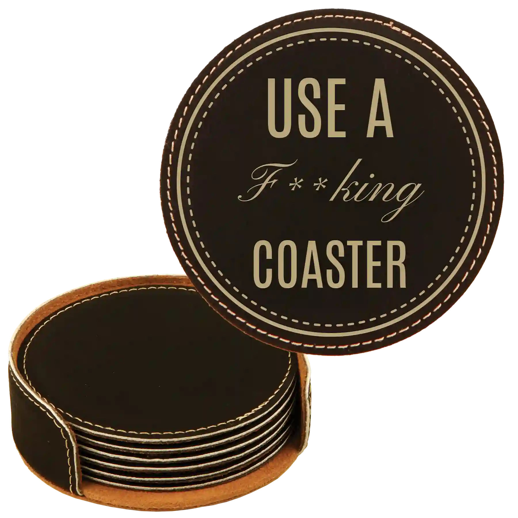 Black/Gold round leatherette coasters set and holder laser etched with 'Fing Coaster' design