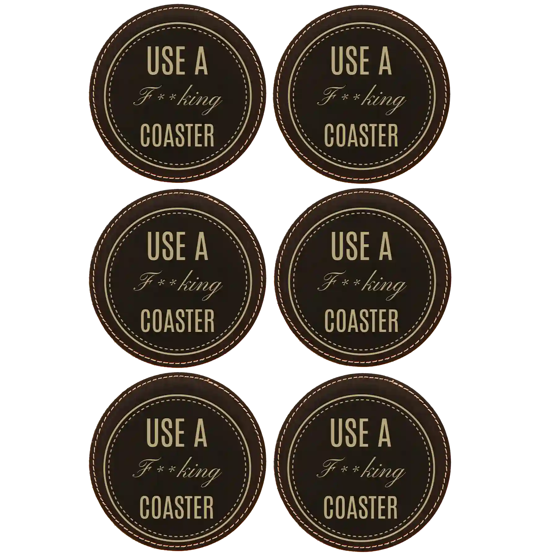 Black/Gold round leatherette coasters set of 6 laser etched with 'Fing Coaster' designs