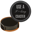 Black/Silver round leatherette coasters set and holder laser etched with 'Fing Coaster' design